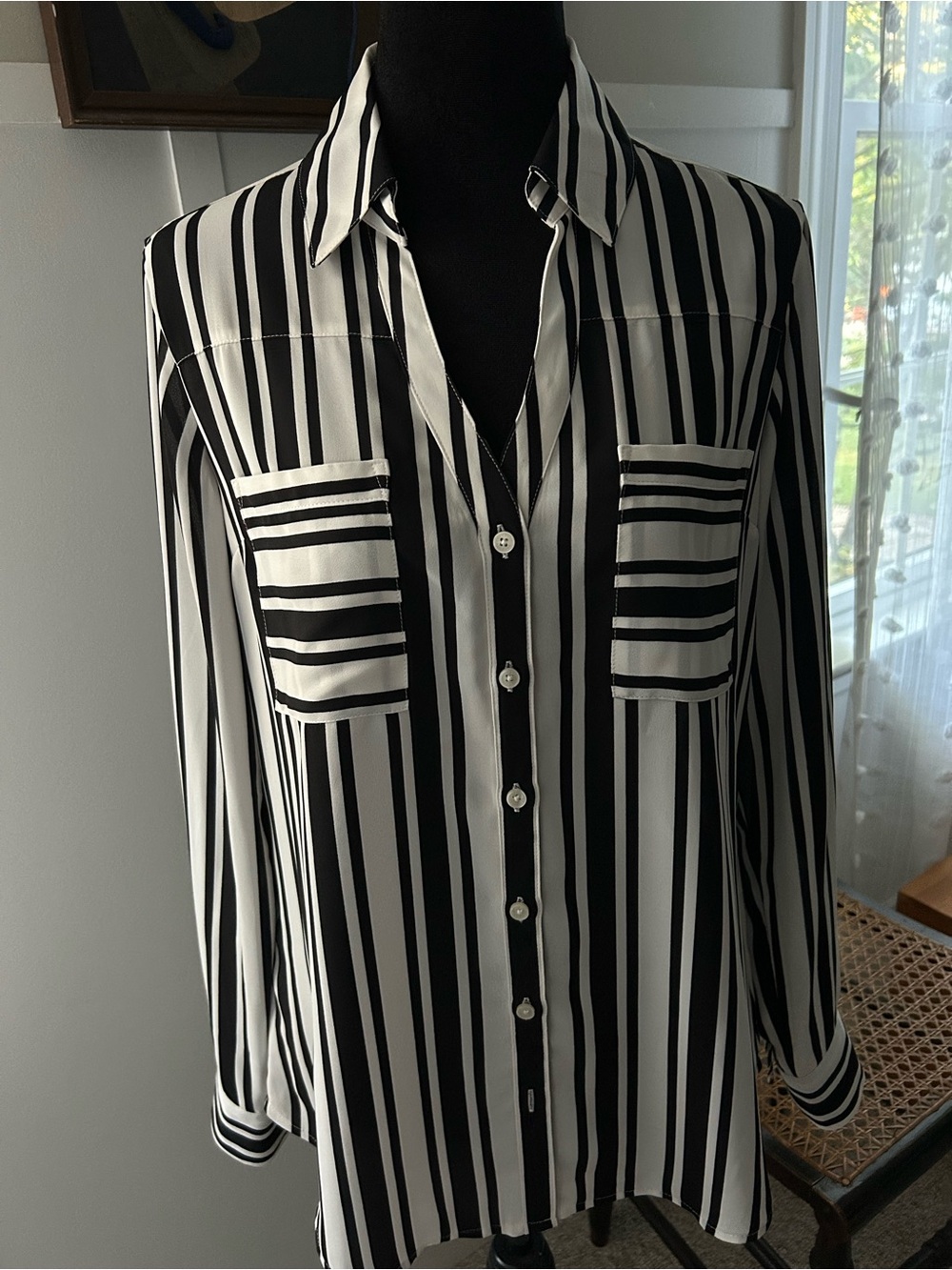 Express Portofino Shirt Black and White Vertical Stripe Button-Up Blouse